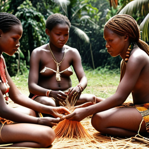 Home 4 **
Fang women seated around a fire in a Equatorial Guinean jungle village, patiently weaving raffia textiles dyed with natural dyes. The textiles feature geometric patterns and ancestral symbols. Focus on the hands and the passing down of knowledge to younger generations. Warm, earthy tones.
**