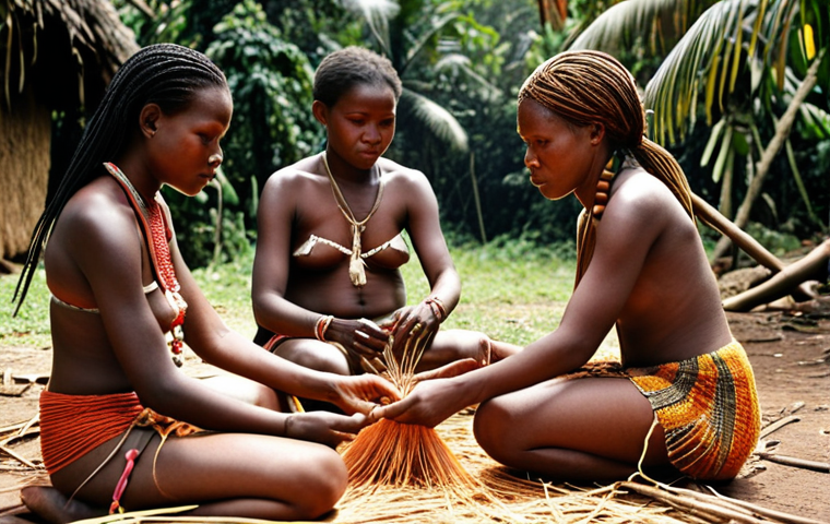 **
Fang women seated around a fire in a Equatorial Guinean jungle village, patiently weaving raffia textiles dyed with natural dyes. The textiles feature geometric patterns and ancestral symbols. Focus on the hands and the passing down of knowledge to younger generations. Warm, earthy tones.
**