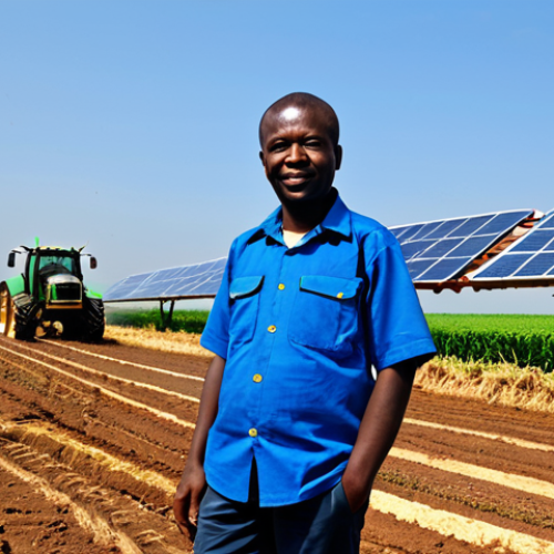 A professional Equatorial Guinean agronomist, fully clothed in a modest, professional work uniform, standing confidently in a vast, sunlit agricultural field. In the background, modern agricultural machinery like a new tractor is visible, alongside recently installed solar panels providing clean energy. New, well-built infrastructure, possibly a road or a small building, stretches into the distance under a clear blue sky. The scene conveys economic diversification and sustainable development. Perfect anatomy, correct proportions, natural pose, well-formed hands, proper finger count. Professional photography, high quality, vibrant colors. Safe for work, appropriate content, fully clothed, professional, family-friendly.
