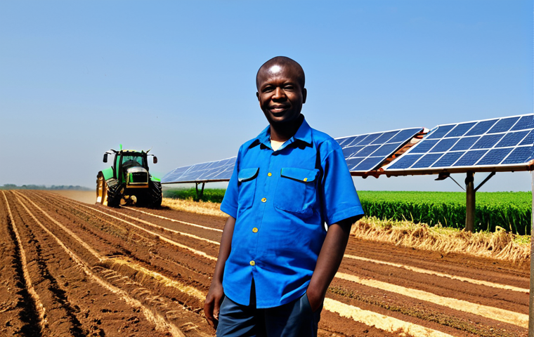 A professional Equatorial Guinean agronomist, fully clothed in a modest, professional work uniform, standing confidently in a vast, sunlit agricultural field. In the background, modern agricultural machinery like a new tractor is visible, alongside recently installed solar panels providing clean energy. New, well-built infrastructure, possibly a road or a small building, stretches into the distance under a clear blue sky. The scene conveys economic diversification and sustainable development. Perfect anatomy, correct proportions, natural pose, well-formed hands, proper finger count. Professional photography, high quality, vibrant colors. Safe for work, appropriate content, fully clothed, professional, family-friendly.