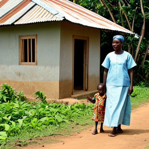 A family, including a mother and child, in a modest, traditional outfit, gathered outside a simple, well-maintained home in a rural Equatorial Guinean village. The scene subtly conveys the everyday health challenges, with a focus on their quiet strength and resilience. The environment shows a dirt path and sparse, tropical vegetation under a clear sky. Fully clothed, appropriate attire, safe for work, perfect anatomy, correct proportions, natural pose, professional dress, well-formed hands, proper finger count, natural body proportions, professional photography, high quality, appropriate content, family-friendly.