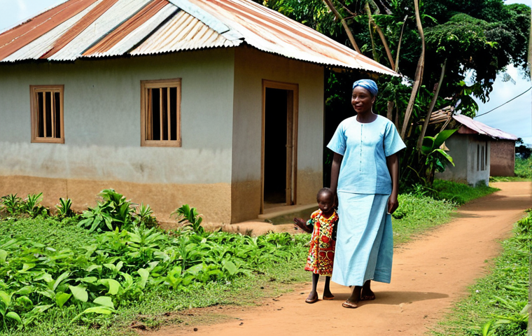 A family, including a mother and child, in a modest, traditional outfit, gathered outside a simple, well-maintained home in a rural Equatorial Guinean village. The scene subtly conveys the everyday health challenges, with a focus on their quiet strength and resilience. The environment shows a dirt path and sparse, tropical vegetation under a clear sky. Fully clothed, appropriate attire, safe for work, perfect anatomy, correct proportions, natural pose, professional dress, well-formed hands, proper finger count, natural body proportions, professional photography, high quality, appropriate content, family-friendly.