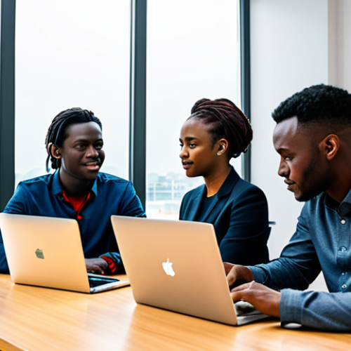 A group of diverse young adult Equatoguinean tech entrepreneurs, fully clothed in professional, modest business casual attire, collaboratively working on laptops and tablets around a modern, sleek table in a brightly lit, clean co-working space in Malabo. The background features subtle digital elements and large windows showing a modern city skyline. The atmosphere is vibrant, innovative, and focused on progress. Perfect anatomy, natural pose, correct proportions, well-formed hands, proper finger count, natural body proportions, professional photography, high quality, safe for work, appropriate content, fully clothed, professional dress.