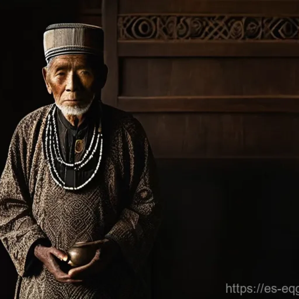 팡 부족의 전통 의식 - **A revered Fang elder venerating a By&eacute;ri figure.**
    **Details:** A dignified, elderly Fang man, ...