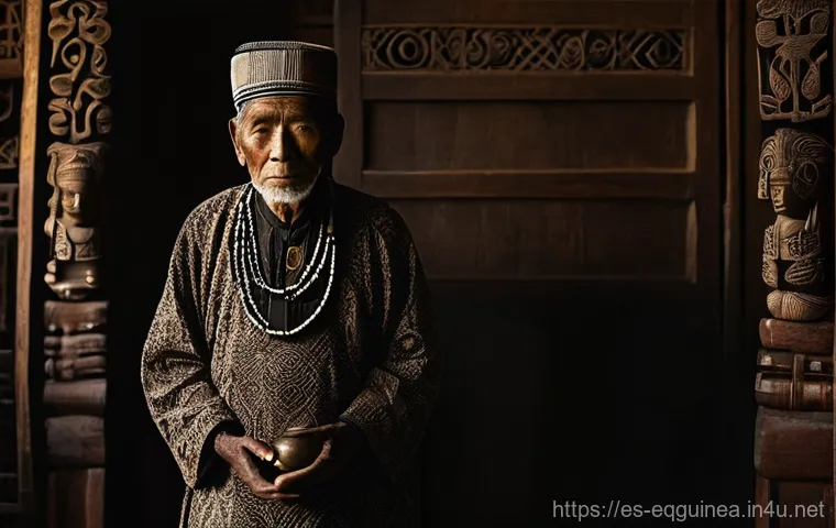 팡 부족의 전통 의식 - **A revered Fang elder venerating a By&eacute;ri figure.**
    **Details:** A dignified, elderly Fang man, ...