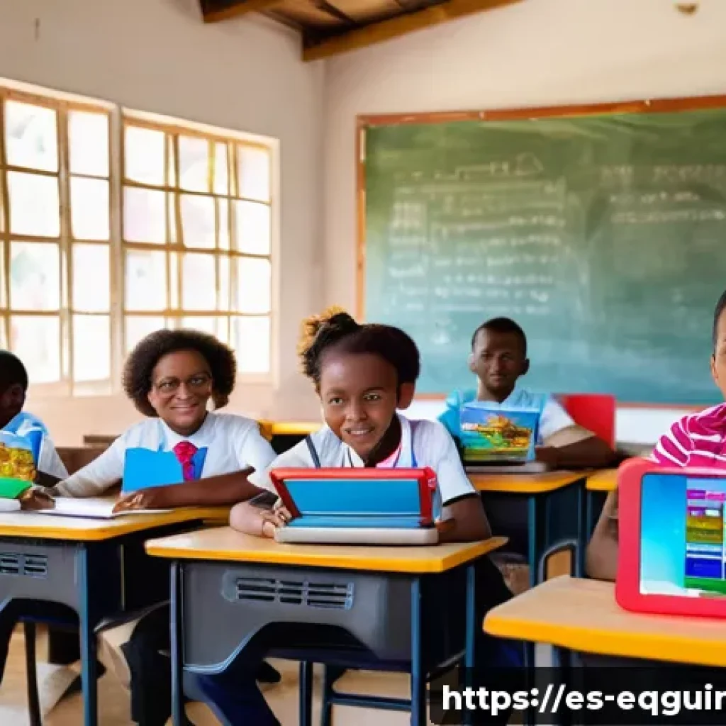 적도 기니의 교육 시스템 - A bright and modern classroom in Equatorial Guinea filled with enthusiastic students using tablets a...