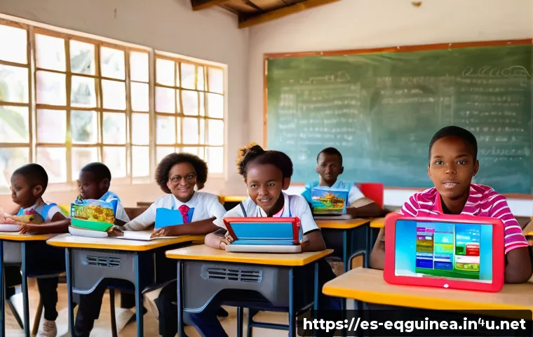 적도 기니의 교육 시스템 - A bright and modern classroom in Equatorial Guinea filled with enthusiastic students using tablets a...