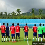 적도 기니 축구 국가대표팀 - A dynamic scene of an Equatorial Guinea national football team training session at a modern sports f...