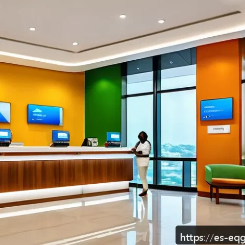 적도 기니의 금융 시스템 및 은행 정보 - A modern bank branch interior in Malabo, Equatorial Guinea, showcasing a blend of traditional Africa...