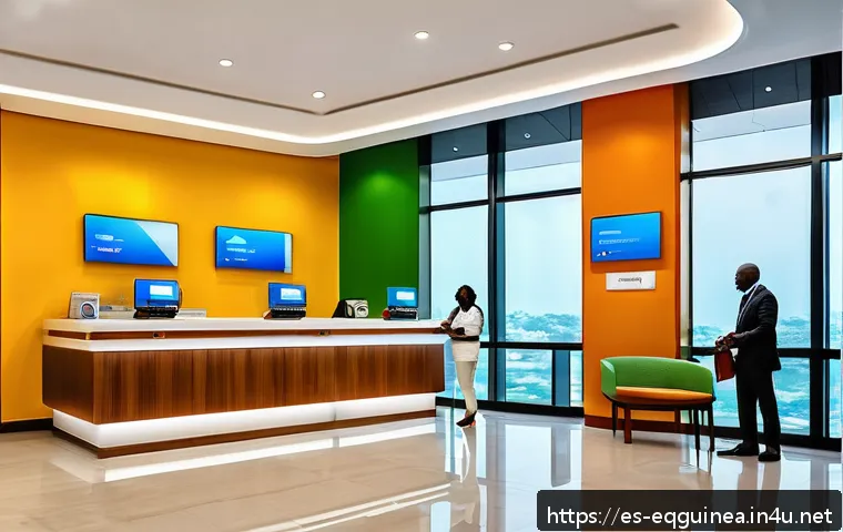 적도 기니의 금융 시스템 및 은행 정보 - A modern bank branch interior in Malabo, Equatorial Guinea, showcasing a blend of traditional Africa...
