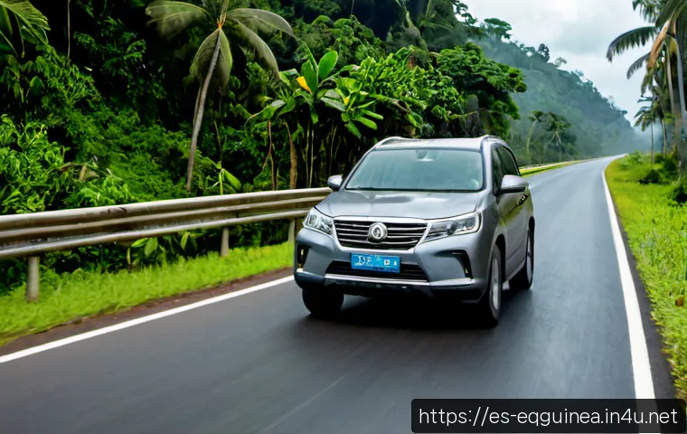 적도 기니의 도로 교통 법규 및 운전 팁 - Photorealistic wide-angle view of a modern compact SUV driving on the right side of a smooth tropica...