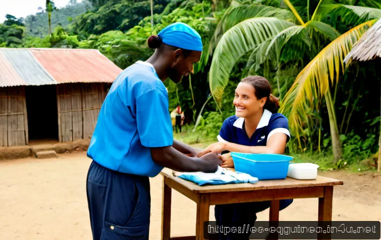 적도 기니 내 NGO 활동 - Photorealistic documentary-style scene of a local nonprofit health outreach team in a rural village ...