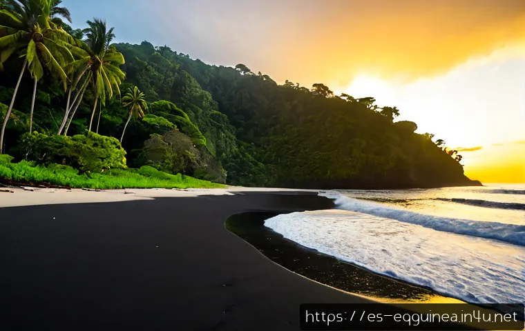 적도 기니에서의 사진 촬영 명소 - Photorealistic sunrise at Ureca Beach, Bioko Island, Equatorial Guinea, sweeping black volcanic sand...