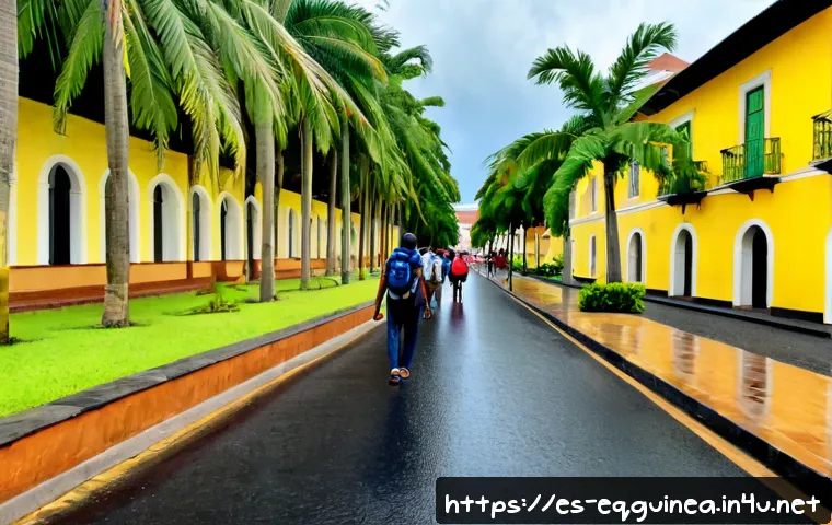 적도 기니에서 여행자들이 가장 많이 방문하는 장소 - Photorealistic travel scene in Malabo, Equatorial Guinea, wide-angle view of elegant colonial-era ar...